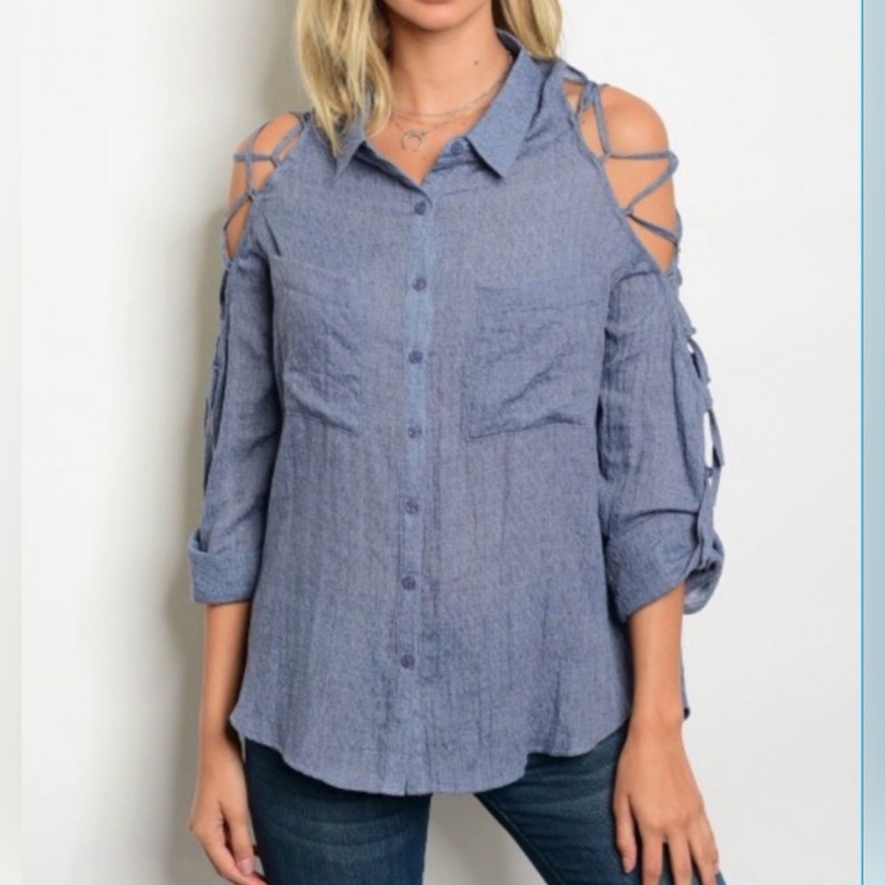 Women's Blue Cold Shoulder Top